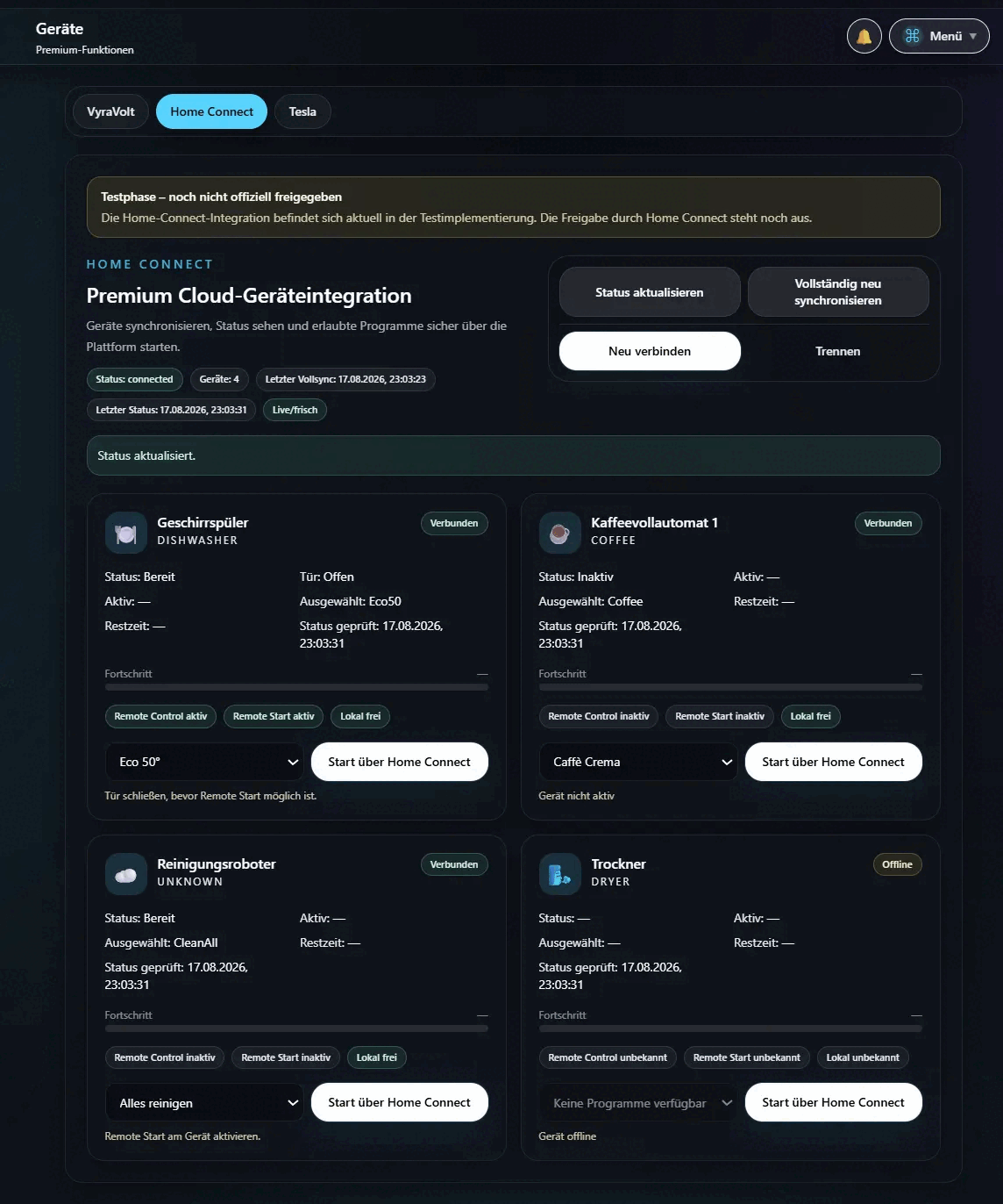 Home-Connect-Geräte in der Premium-Plattform